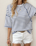Noelle Textured Knit Split Hem Half Sleeve Loose Top - Blue